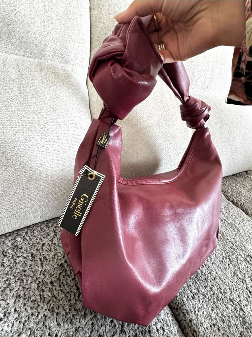Giselle Paris Burgundy Knotted Hobo Shoulder Bag Faux Leather Slouchy Purse NWT